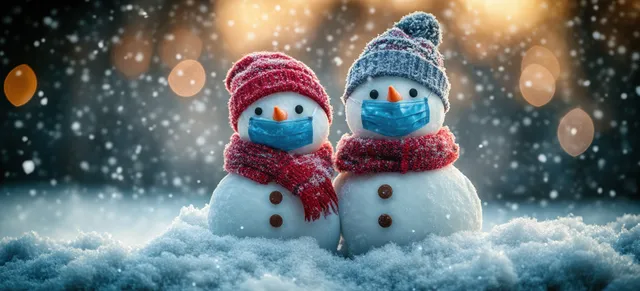 Three masked snowmen in winter hats and scarves stand in snowy foreground with falling snow and glowing bokeh.