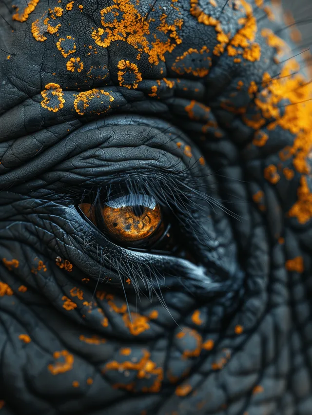 Close-up of an elephant eye with amber iris and wrinkled skin texture filling the frame.