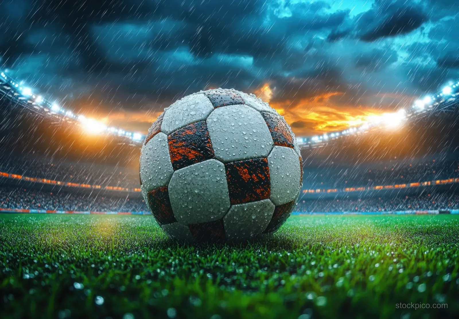 Illuminated soccer ball rests on wet green grass in a stormy stadium under bright spotlights.