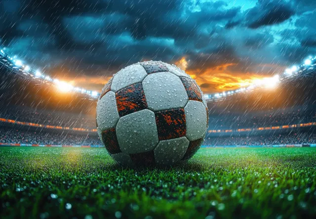 Illuminated soccer ball rests on wet green grass in a stormy stadium under bright spotlights.