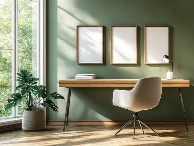 Minimalist home office interior with green walls, framed pictures above a wooden desk, and a sunlit window on the left.