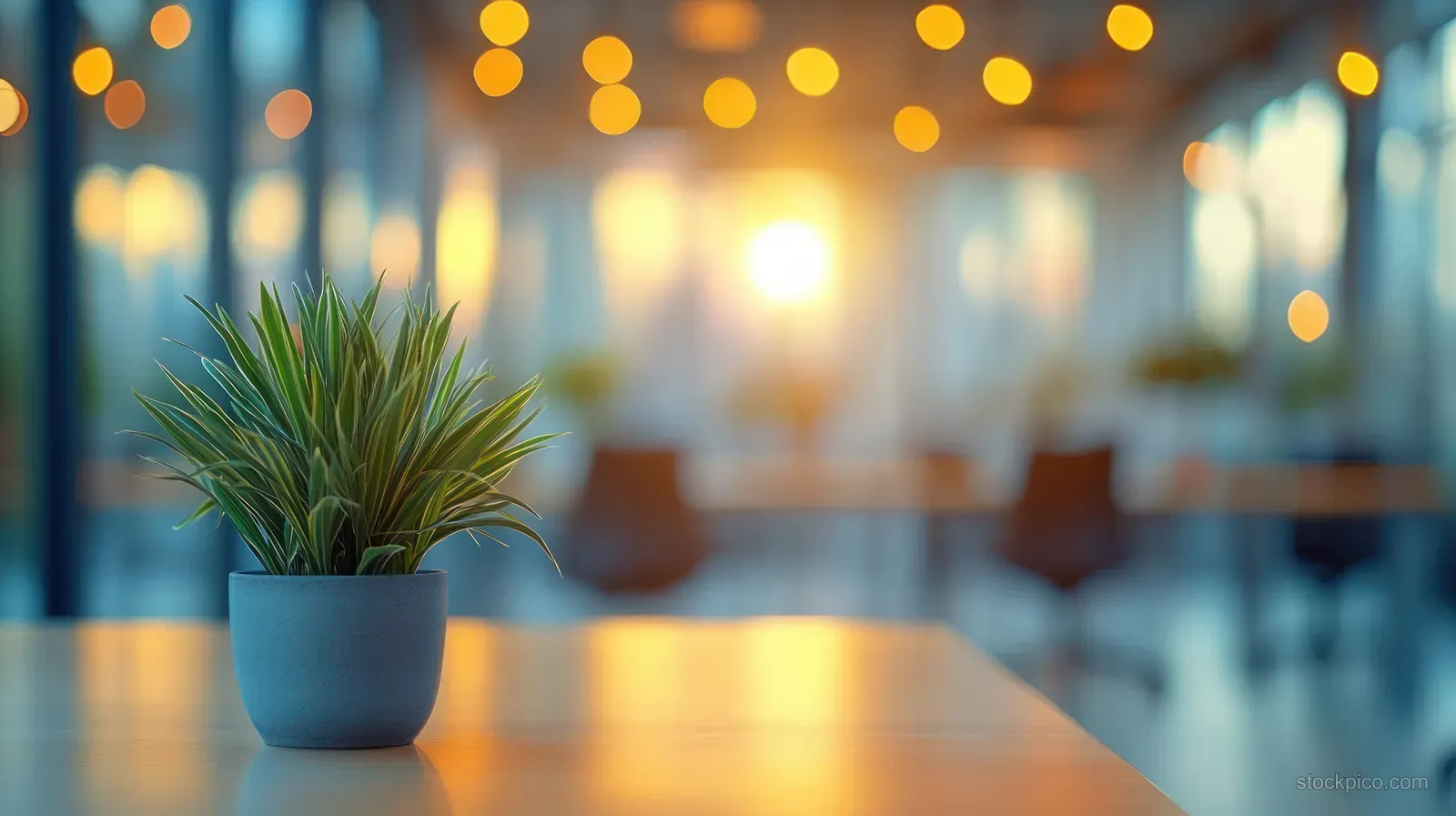 Potted green plant in a gray pot on a desk with blurred office conference background.