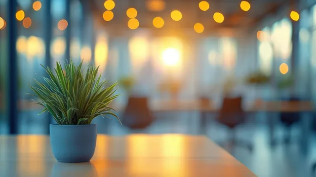 Potted plant on office desk under window light with softly blurred meeting room
