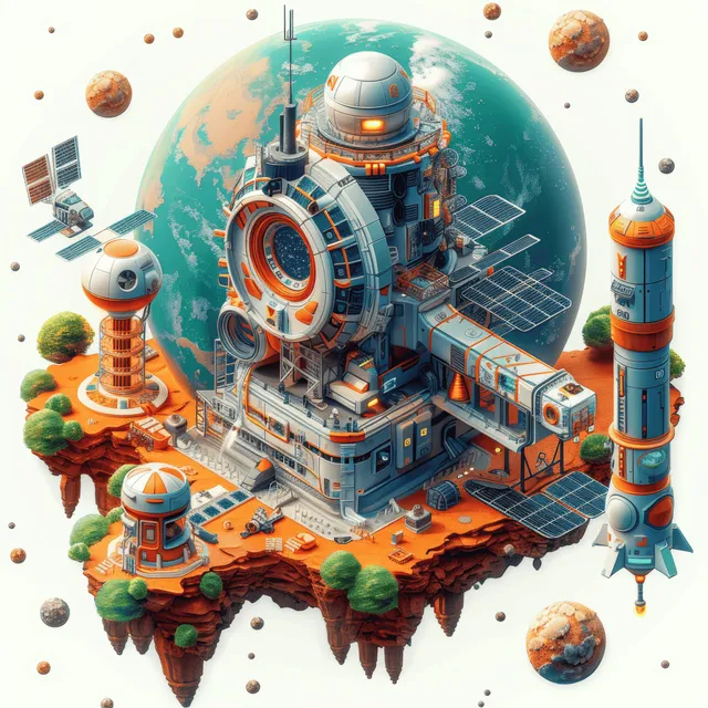 Isometric futuristic space station with docking modules and solar panels over a Mars-like landscape surrounded by planets.