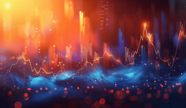 Glowing market chart rising over abstract financial data lights