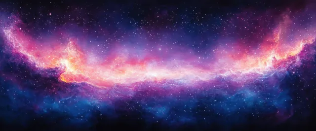 A swirling nebula cloud stretches across space with glittering stars and glowing blue, pink, and purple colors.