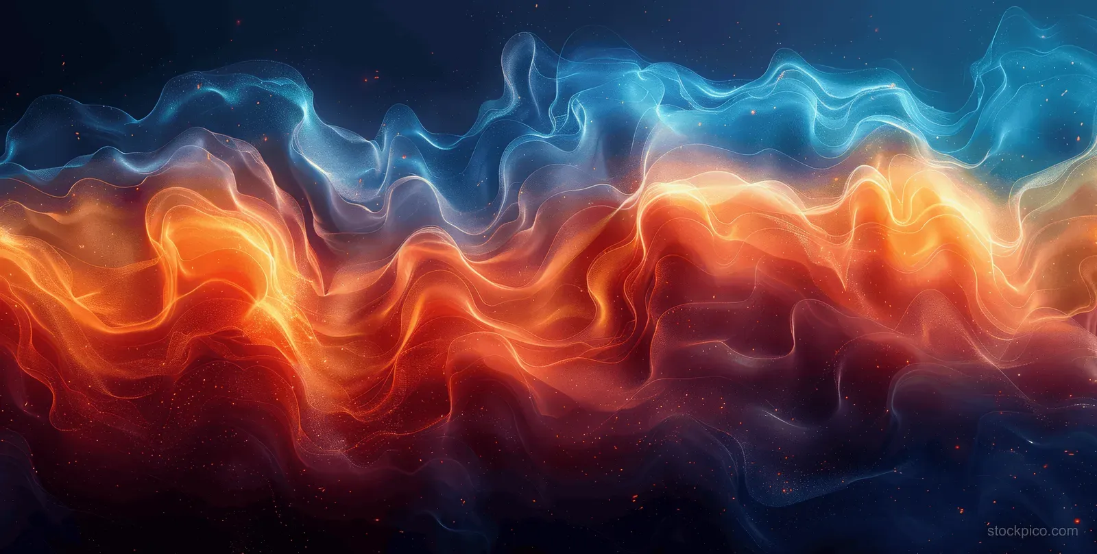 Orange and cyan neon energy waves glow and ripple across a dark black background.