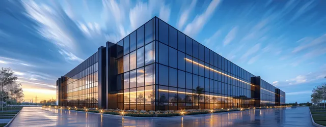 A modern industrial warehouse with a glowing glass facade at blue hour beside an empty road.