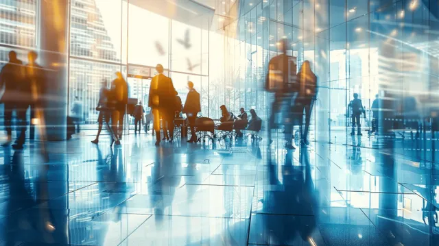 Silhouetted business team stands and discusses in a bright conference room with translucent AI-style screen overlays.