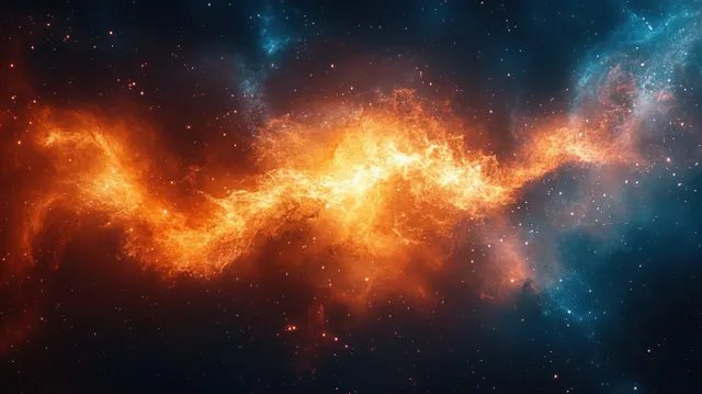 Glowing orange and blue cosmic nebula with star-speckled dust clouds in deep space with Dark Matter Backdrop