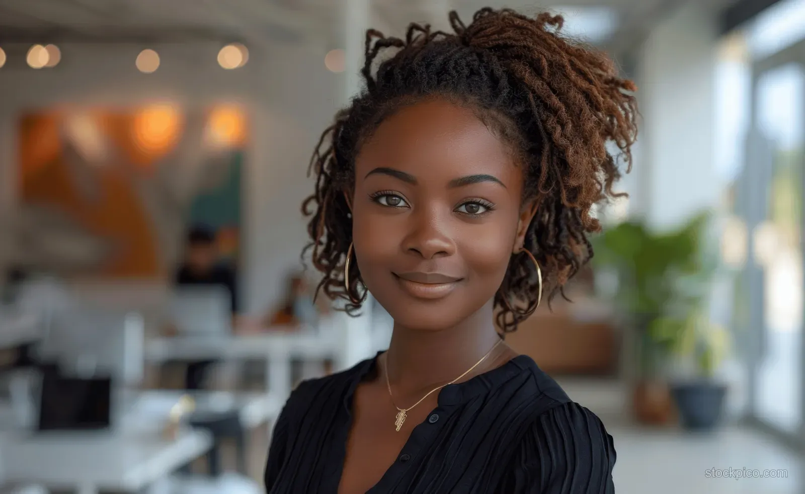Smiling black woman holding a smartphone in a modern office with colleagues at white desks behind her.