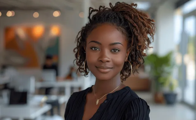 Smiling black woman holding a smartphone in a modern office with colleagues at white desks behind her.