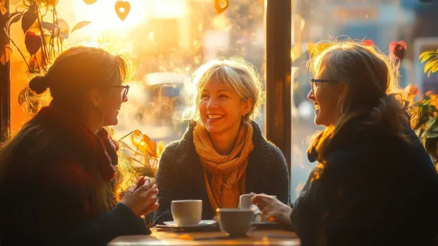 Three mature women friends laughing together at a cozy cafe table during sunset golden hour