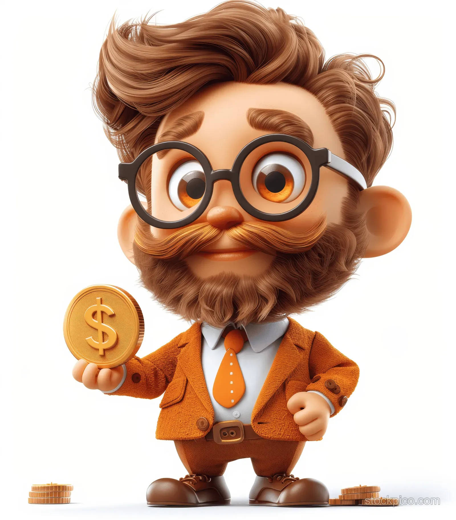 A smiling elderly businessman cartoon holds a gold dollar coin on a plain white background.