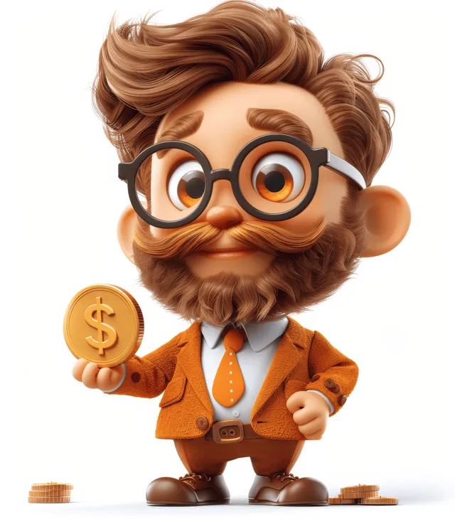 A smiling elderly businessman cartoon holds a gold dollar coin on a plain white background.