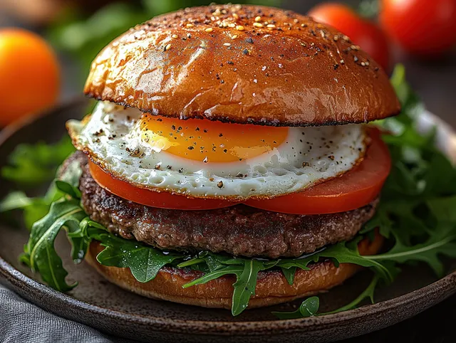 Juicy burger with arugula and tomato, topped with a fried egg on sesame bun