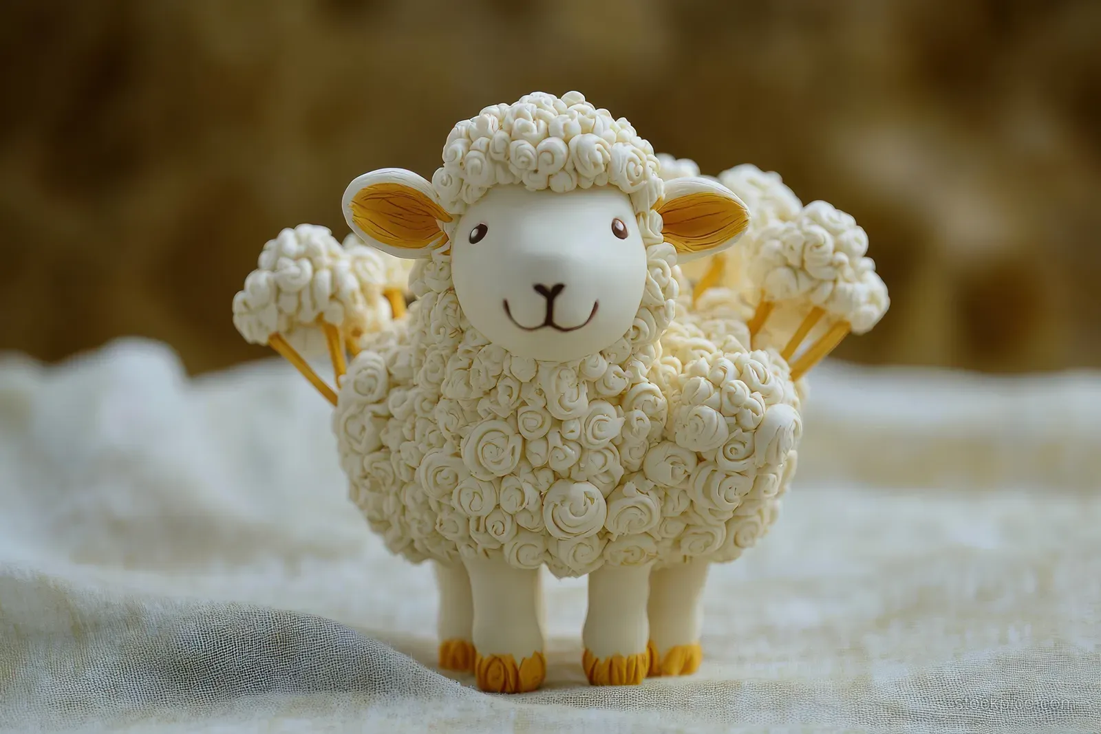 A cute sheep figurine and a holiday greeting card create a cozy festive still life in a warm, soft background.