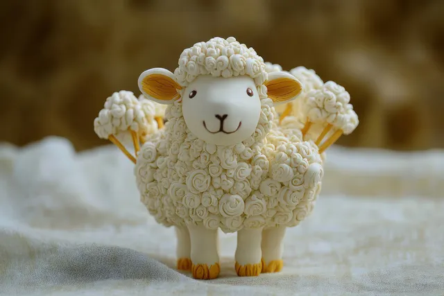 A cute sheep figurine and a holiday greeting card create a cozy festive still life in a warm, soft background.
