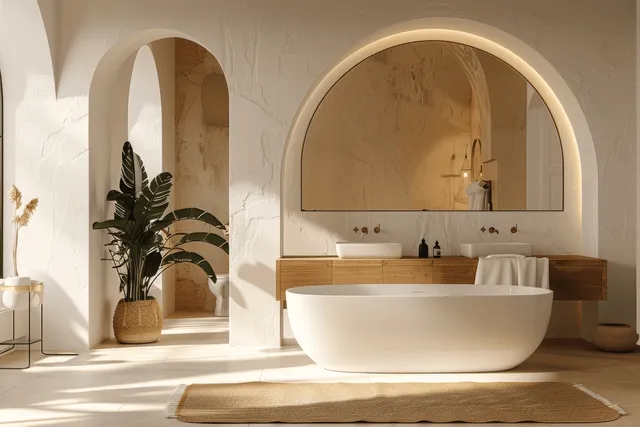 Freestanding bathtub facing an arched mirror in a minimalist bathroom with warm sunlight and potted plants.