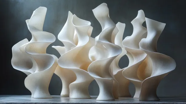 White plaster tooth and incisor models arranged into an abstract dental sculpture on a black background.