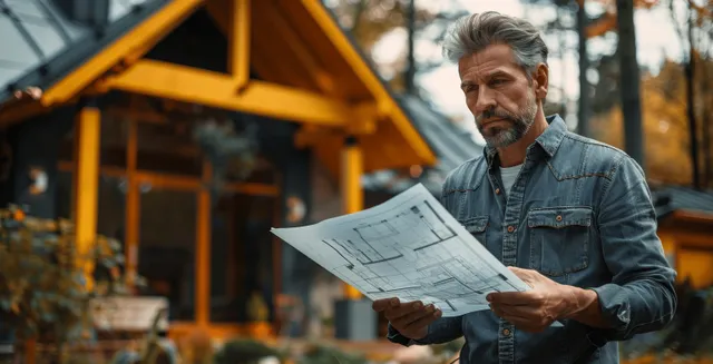 Construction manager reviews architectural blueprints outdoors in front of a modern house with a yellow roof and garage.