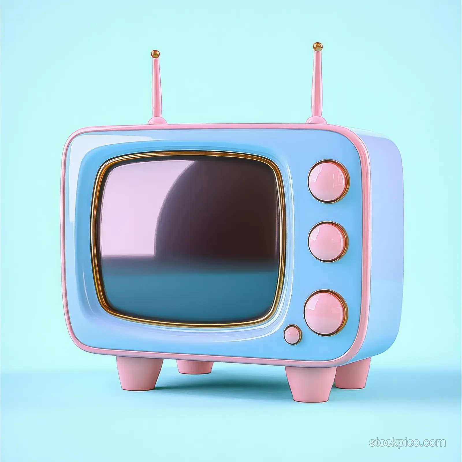 Pastel retro TV with rounded screen, twin antennas, and three knobs on four short legs against a blue background.