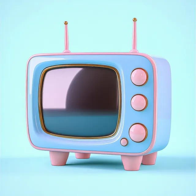 Pastel retro TV with rounded screen, twin antennas, and three knobs on four short legs against a blue background.