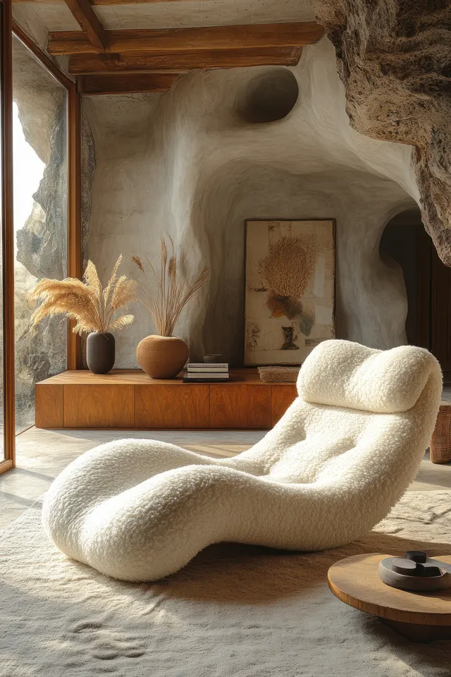 A white curved armchair sits in a Scandinavian living room, lit by natural window light beside small decor objects.