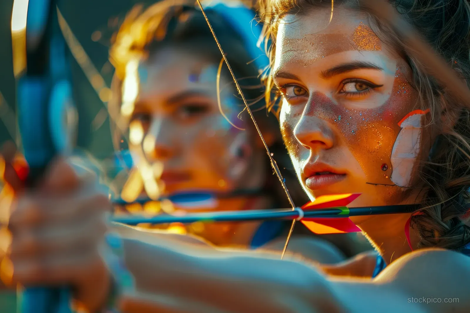 Women’s archery team members draw their bows and aim arrows toward targets at an outdoor event.