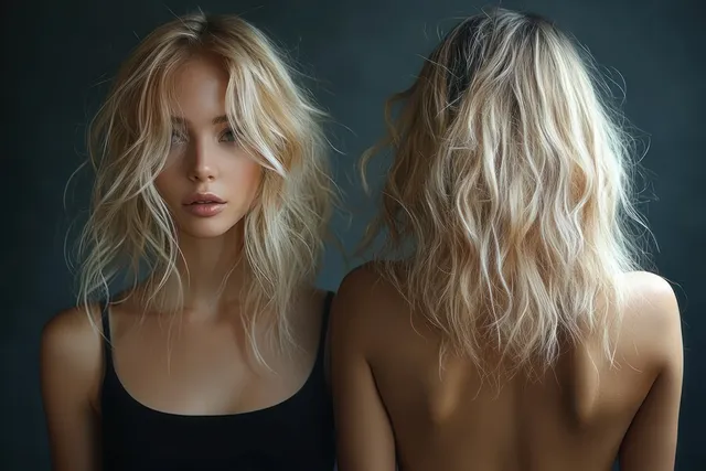 A blonde woman poses front and back in a black spaghetti-strap top with wavy hair against a dark background.