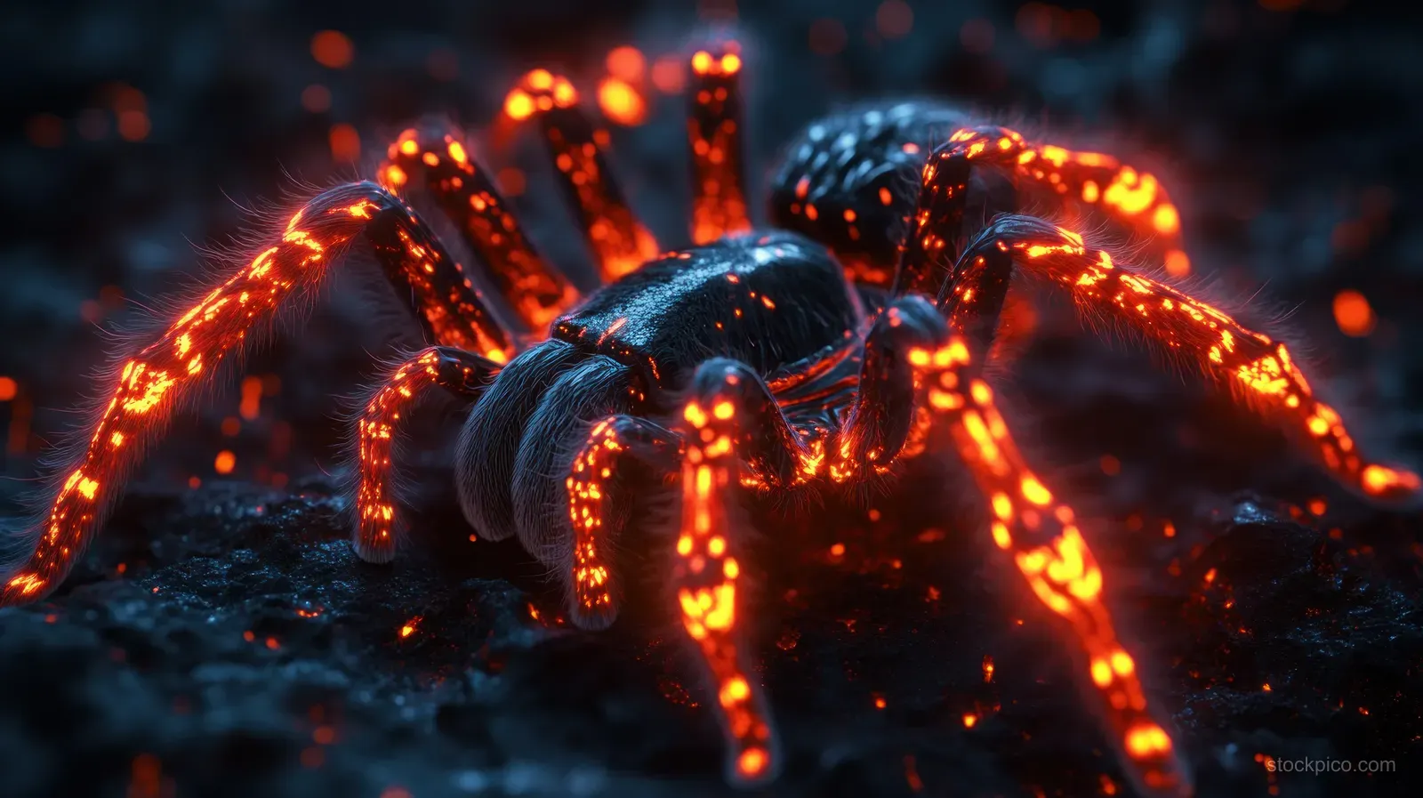 Black tarantula crouches on dark soil with glowing red joints under moody Halloween lighting.