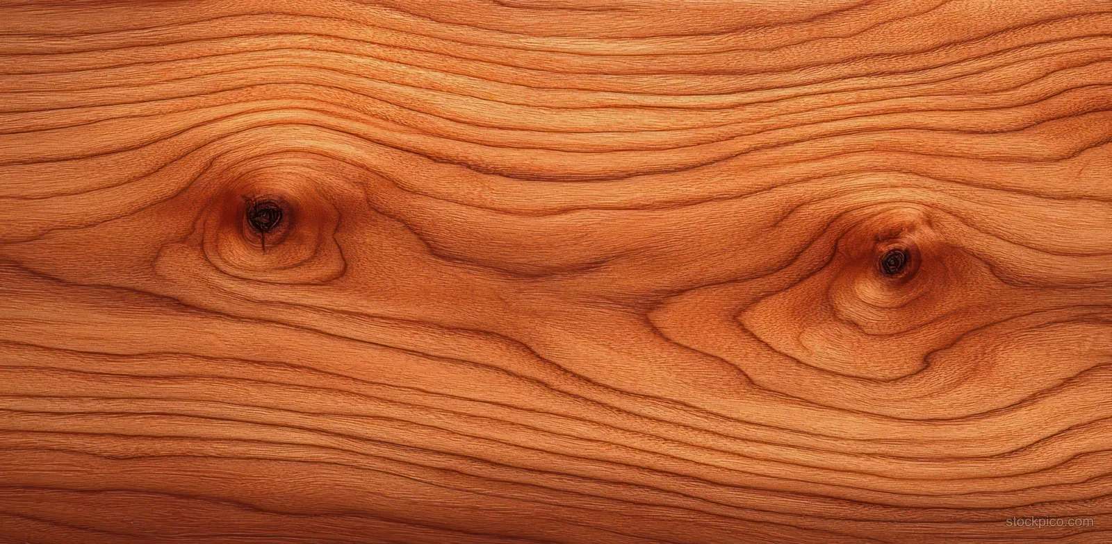 Close-up of cherry wood grain with swirling lines and small knots on a warm brown plank surface.
