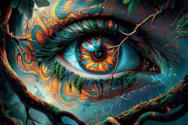 A glowing dragon eye peers from a hollow tree trunk amid forest foliage and ornate shamanic patterns.