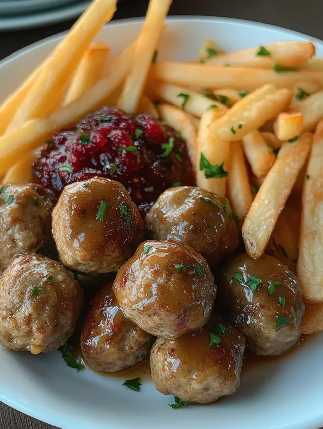 Glazed meatballs with chopped herbs and golden French fries on a plate with red berry sauce on the side.