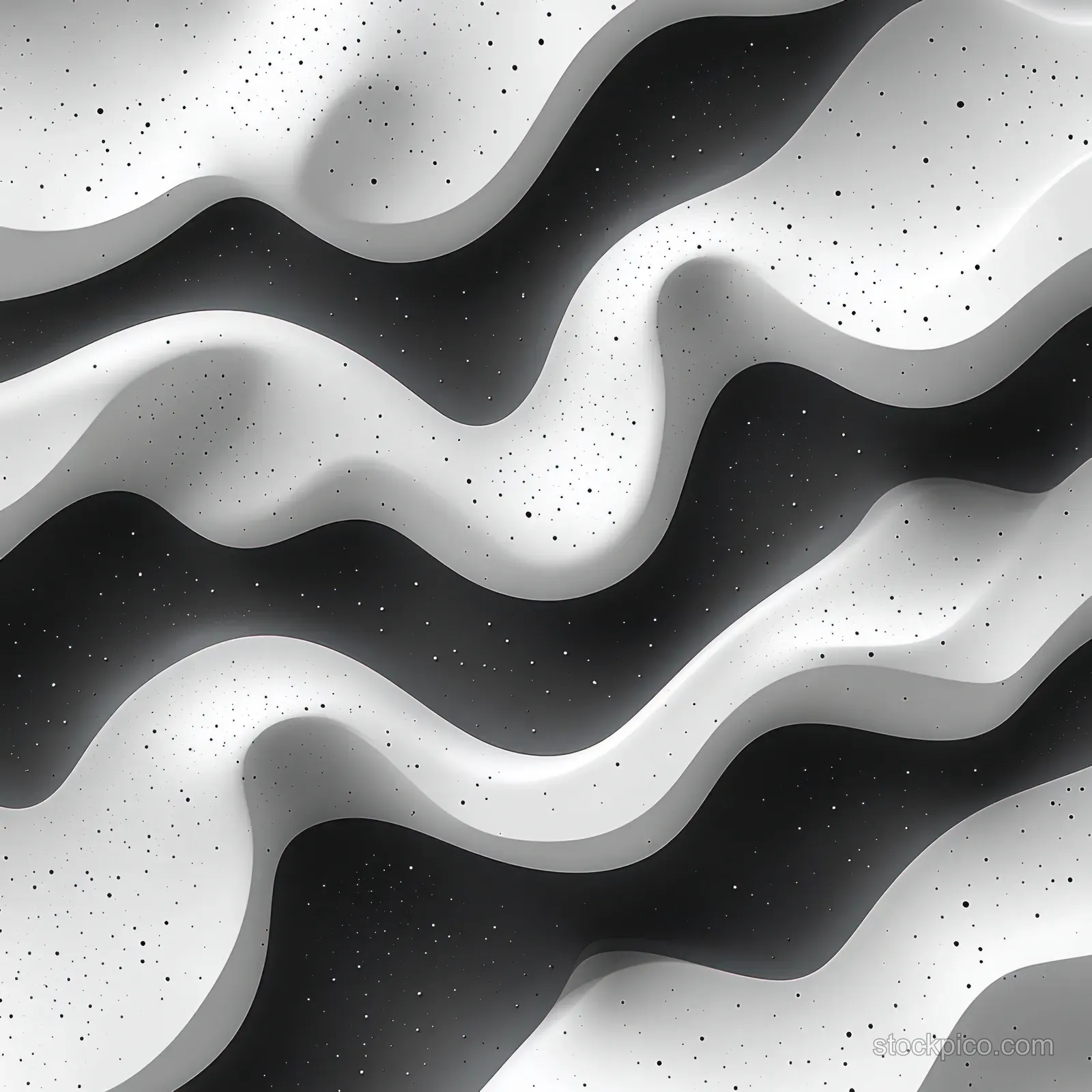 Seamless black and white wavy abstract pattern with dotted speckle texture and layered highlights.