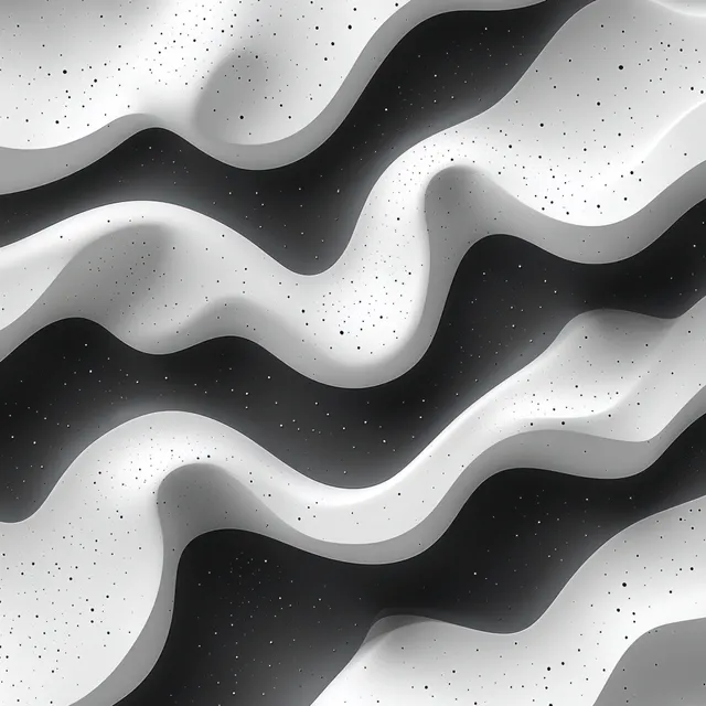 Seamless black and white wavy abstract pattern with dotted speckle texture and layered highlights.