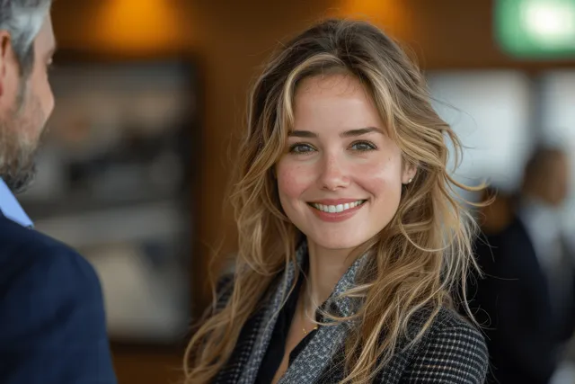 Smiling businesswoman shakes hands with a male executive in an office while others blur in the background.