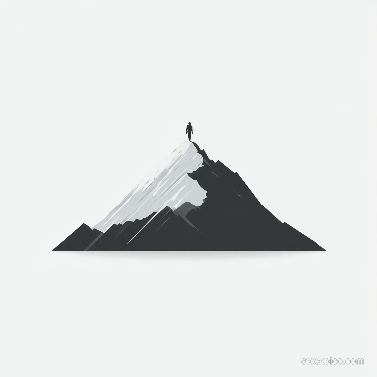 A lone hiker silhouette stands on a jagged snowy mountain peak beneath a clear sky.