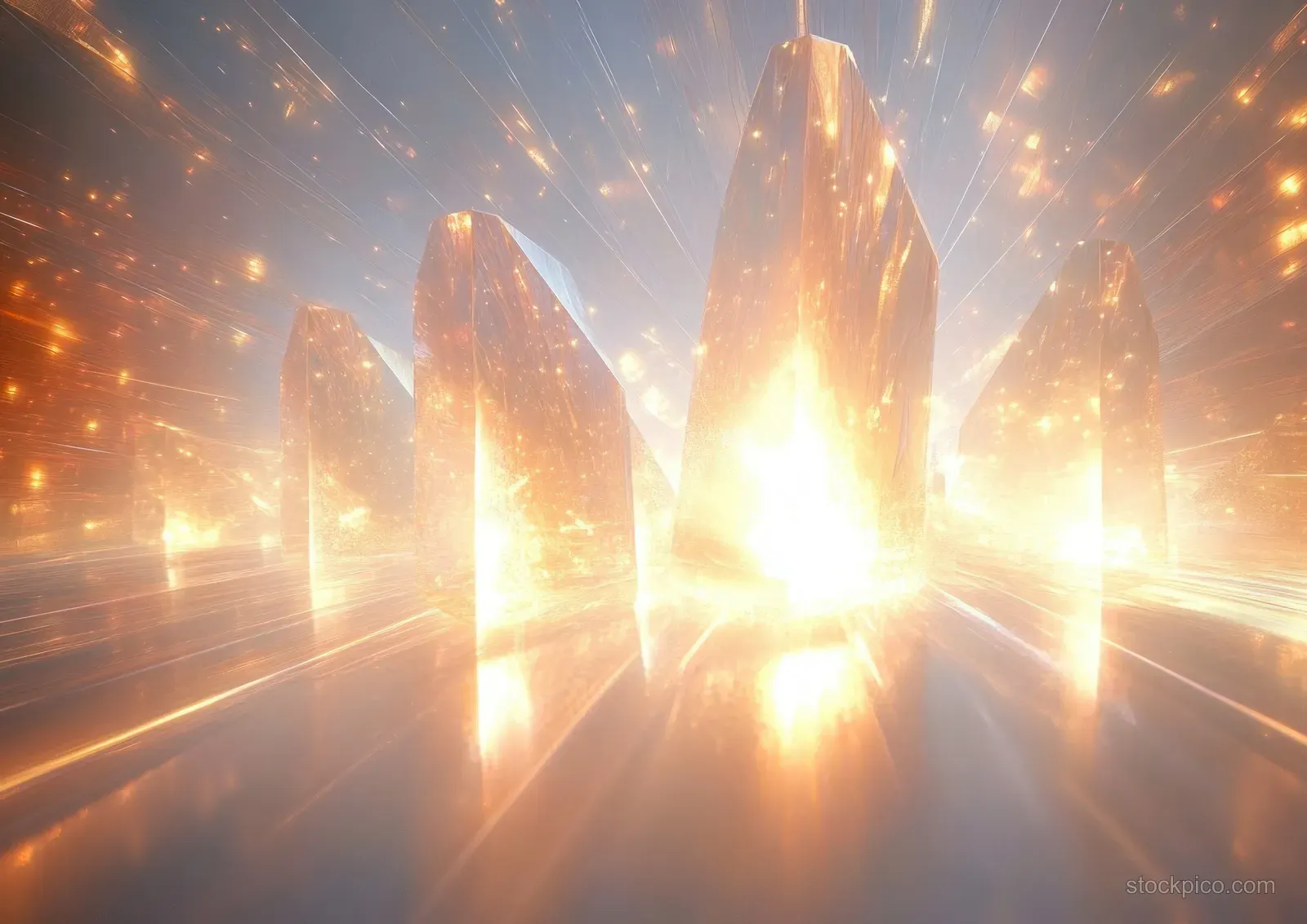 Glowing crystal pillars stand in a hazy scene filled with radiant prism light and sparkles.