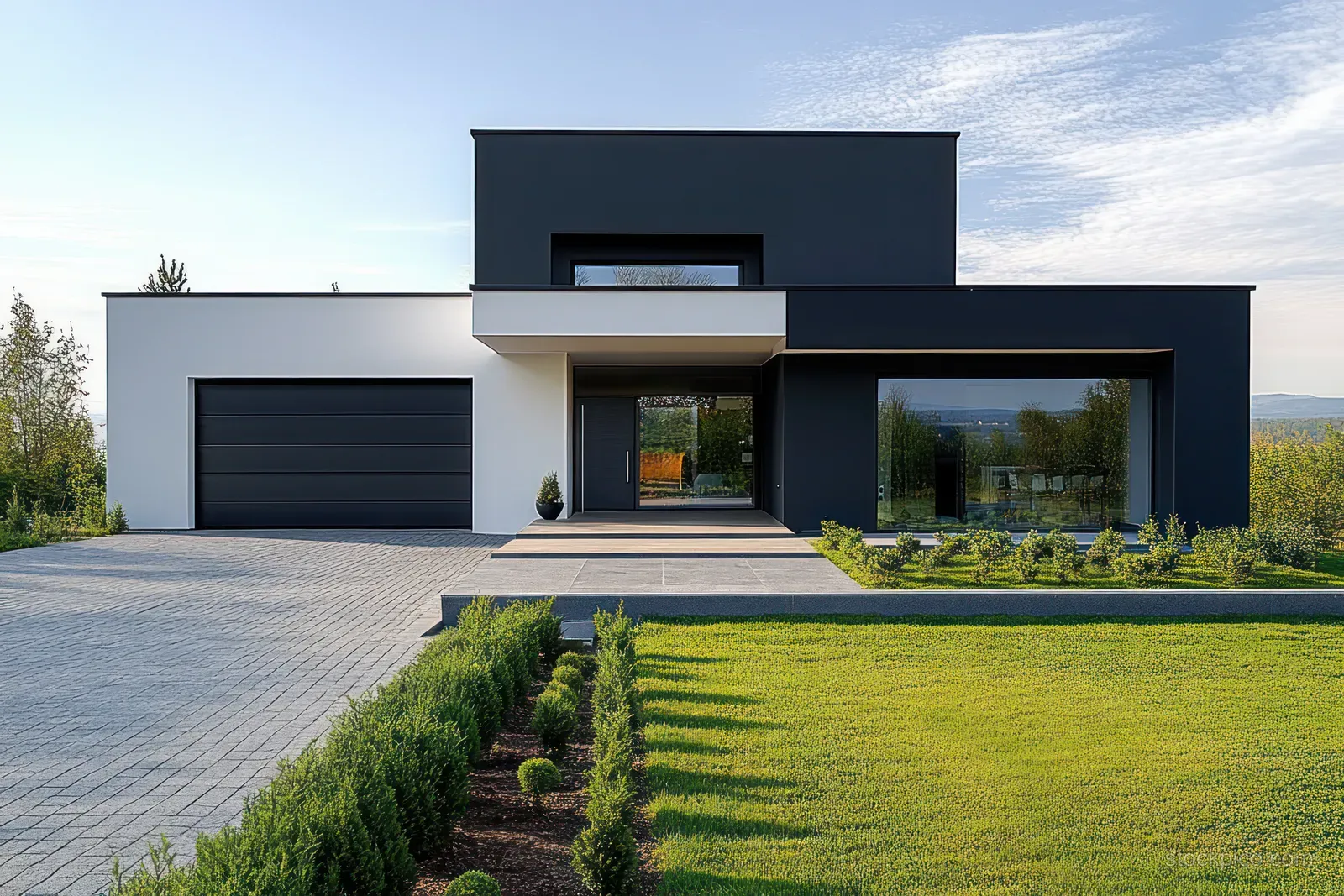 Modern minimalist house exterior with garage, paved driveway, and trimmed lawn under daylight.