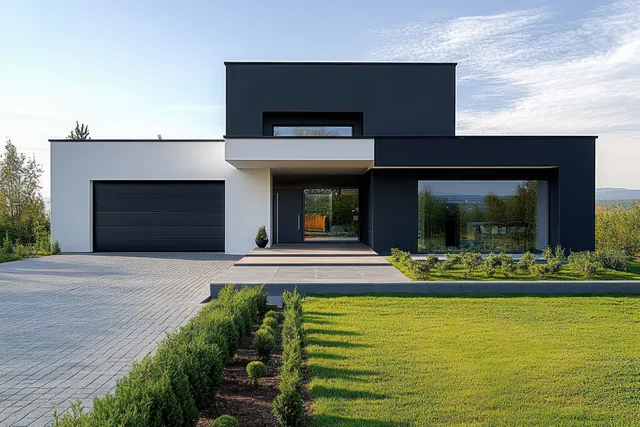 Modern minimalist house entrance with garage driveway and manicured lawn in daylight