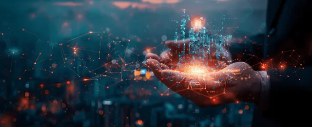 Businessman networking on digital HR team map with glowing node hand connection
