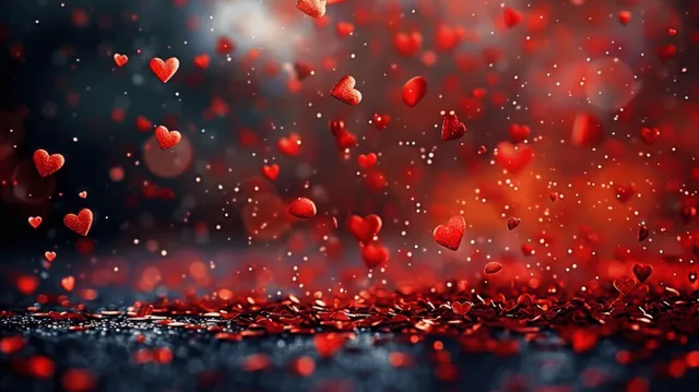 Red hearts falling over dark sparkling bokeh lights for Valentine’s Day celebration backdrop