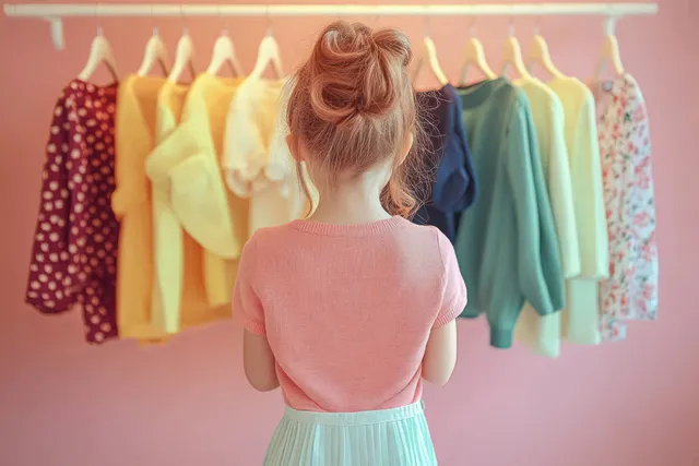 Back view of a young girl with a messy bun standing before colorful hanging clothes on a rack against pink.