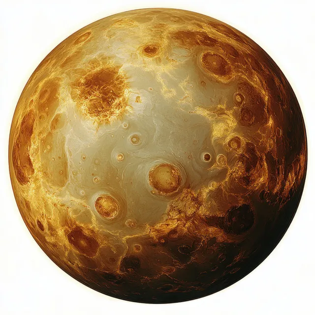A cratered rocky planet sphere with brown and golden surface coloration fills the frame.