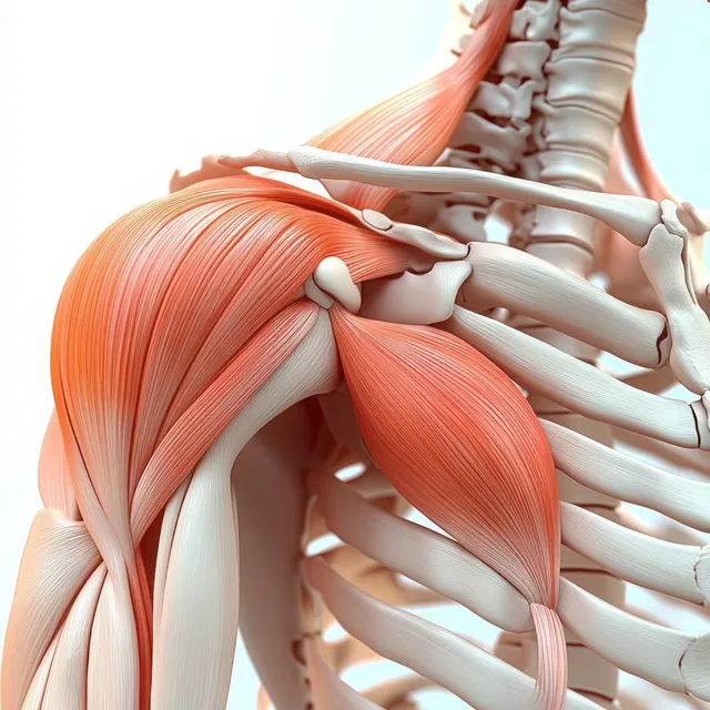 Deltoid muscle anatomy anterior view with clavicle and scapula, labeled study