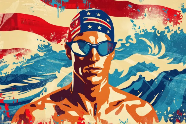 Team USA triathlon athlete graphic standing against blue ocean waves with red white and blue splatter background