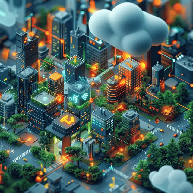 Isometric cloud network connecting city buildings with glowing data paths