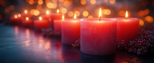 Red candles glowing in the dark with soft bokeh lights along a reflective surface