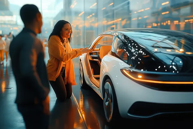 Multiracial couple inspects a new car in a showroom with warm lighting and glass reflections.
